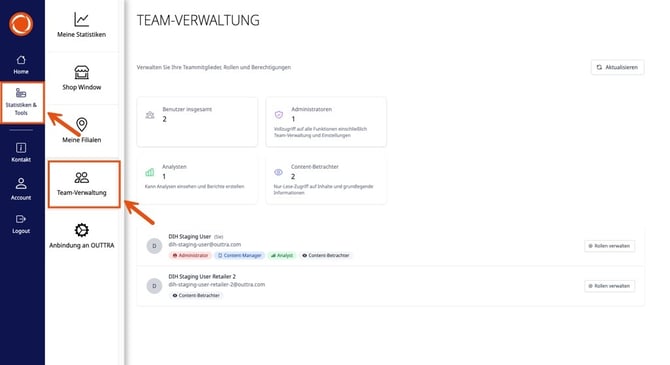 OUTTRA Plattform Teamverwaltung Pfad