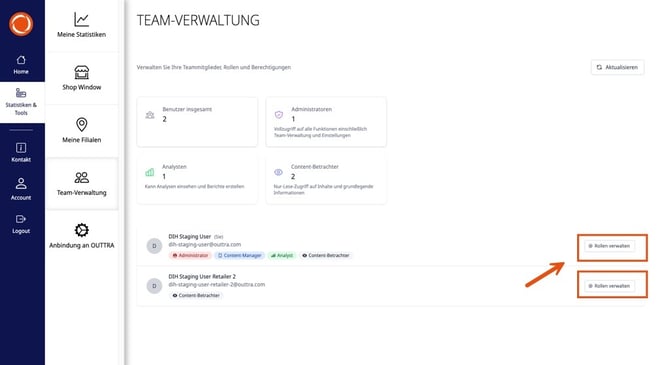 OUTTRA Plattform Teamverwaltung Rollenverwaltung